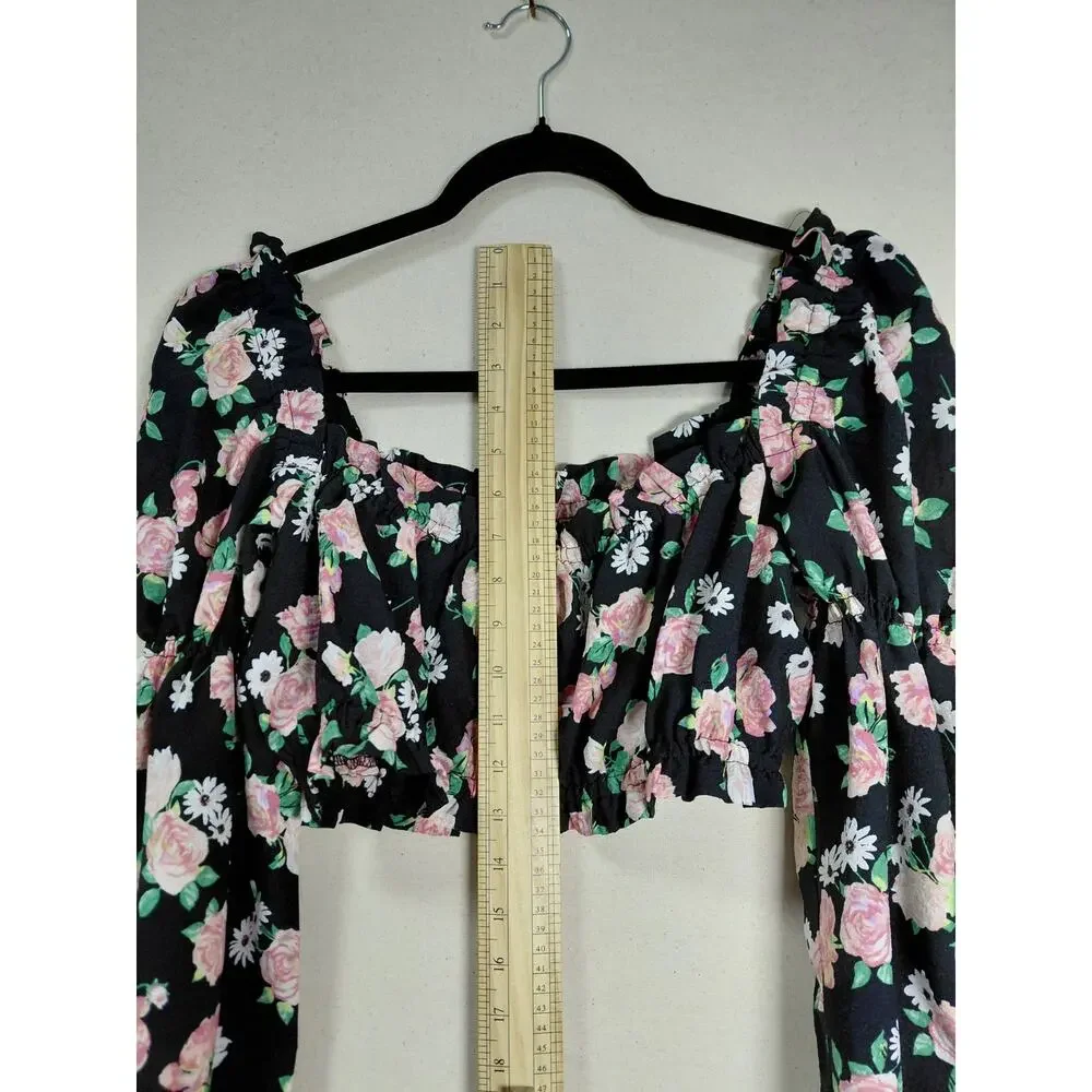 H&M Divided Black Floral Ruffle Smocked Stretch Blouse Women Size M